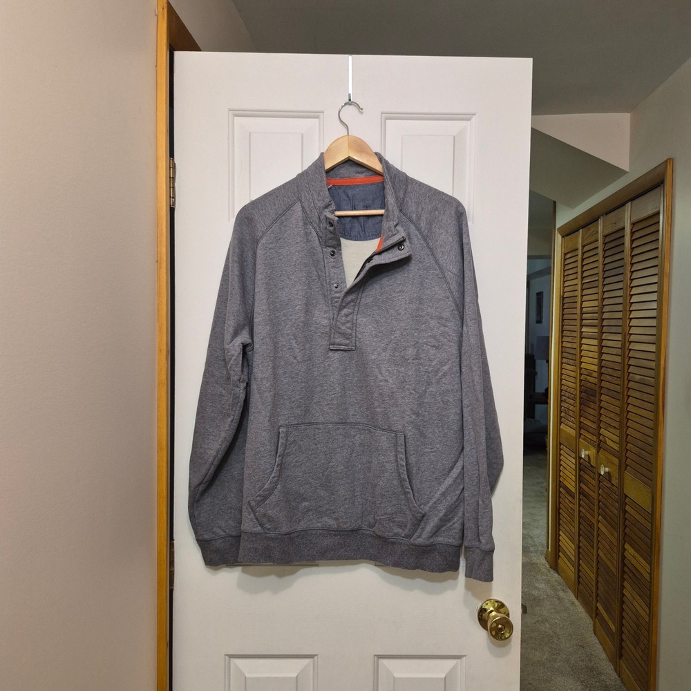 LL Bean Mens XL Regular Gray Mock Neck Snap Pullover Sweatshirt Quiet Luxury